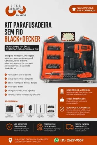 Kit Parafusadeira Sem Fio Black+Decker com Maleta e Bits