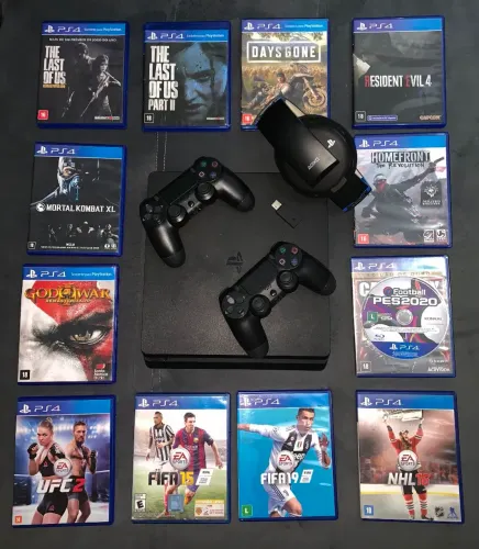 PlayStation 4 Slim (Usado) + Jogos + Headset PlayStation