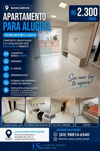 BANCÁRIOS | ALUGA-SE | SEMI-MOBILIADO | 2 QUARTOS COM SUÍTE 