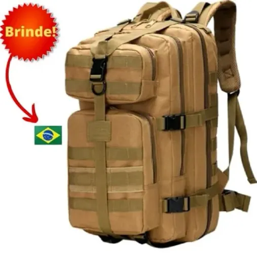 Mochila resistente 30L com vários compartimentos cor bege (caqui) nova