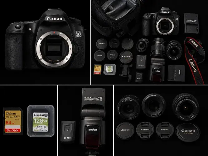 Canon 60D + lentes + flash Godox + cartões de memória + bolsa e acessórios.