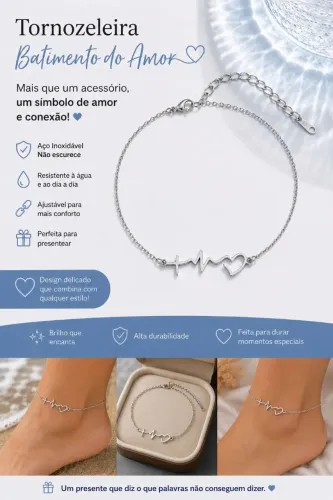 Tornozeleira Batimento do Amor Aço Inoxidável - Resistente à Água Não Escurece Ajustável
