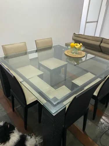 MESA 6 LUGARES COM CADEIRA - TAMPO DE VIDRO