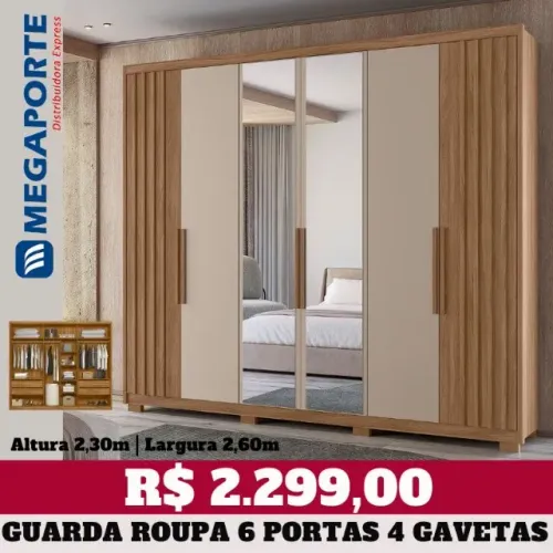 Guarda Roupa Casal Ripado 6 Portas com Espelho (Novo) Entrega Grátis!
