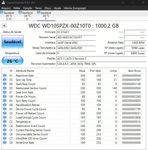 HD Western Digital Notebook PC PS4 1TB (saúde 100%)