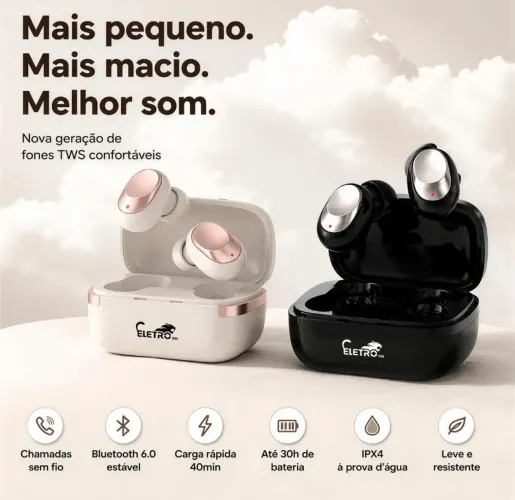 Fone de Ouvido Bluetooth 6.0 Sem Fio ELETRO, Mini Earbuds Ultraleve 2.8g