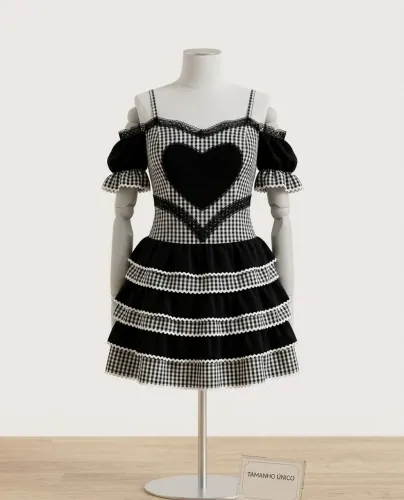 Vestido de festa junina preto com decote de coração 