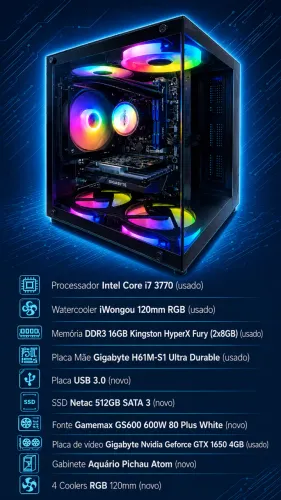 PC i7 3770, 16GB DDR3, Watercooler, SSD 512GB, GTX 1650, Fonte 600W - Para Valorant, GTA V