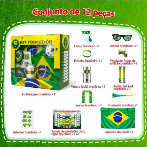 Kit Torcidor Torcida Brasil Copa 2026 Kit Com 12pçs Adesivo Trompete Bandeira Oculos