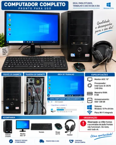 Computador Desktop Core i5 | 8GB DDR3 | 128GB SSD | Monitor 19" FHD, Wi-Fi Integrado