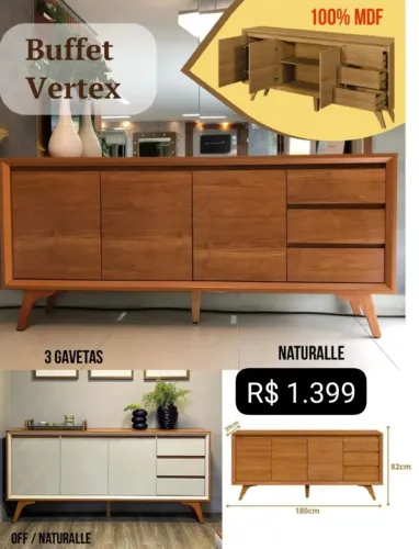 Buffet Vertex Naturalle 100% MDF 3 Gavetas
