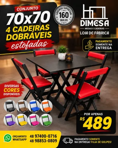 Conjunto 4 cadeiras dobráveis estofadas + mesa 70x70