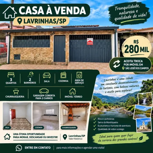 CASA EM LAVRINHAS - 3 QUARTOS + CHURRASQUEIRA + 2 VAGAS | R$ 280 MIL |ACEITA TROCA EM SJC