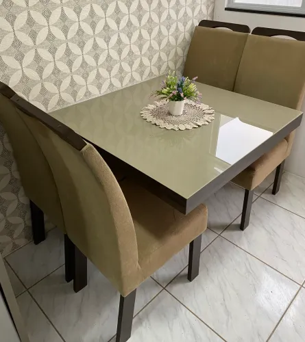 Mesa Tampo Vidro + 4 Cadeiras Estofadas - Entrego !