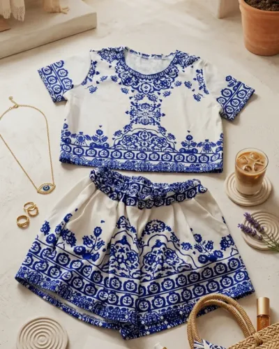 Conjunto Feminino Cropped e Short Estampa Azul e Branco (Seminovo)Veste P/M