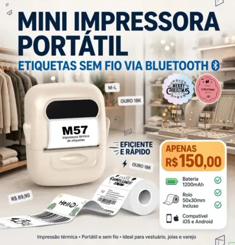 MINI IMPRESSORA PORTÁTIL ETIQUETAS SEM FIO VIA BLUETOOTH