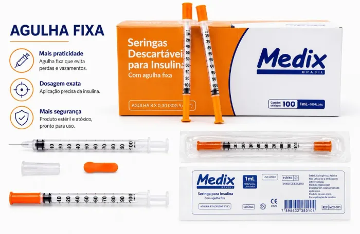 Caixa 100 unidades Seinga Insulina 6mmX0,25mm MEDIX