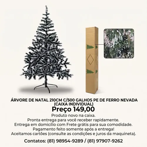 ÁRVORE DE NATAL 210CM C/500 GALHOS PE DE FERRO NEVADA (CAIXA INDIVIDUAL)