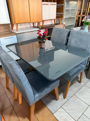 Mesa Com 04 Cadeiras Mdf Vidro Cinza 
