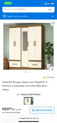 Guarda-roupa casal com espelho, 5 portas e duas gavetas 