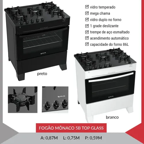 Fogão Mônaco 5B Top Glass
