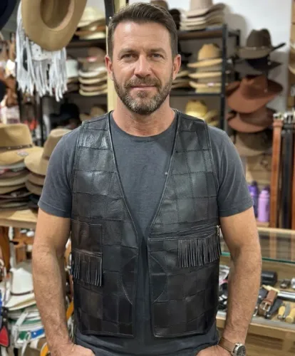 Colete de Couro Legítimo Estilo Country Patchwork com Franjas Premium