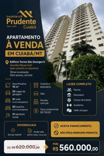 Apartamento para Venda em Cuiabá, Quilombo, 2 dormitórios, 1 suíte, 1 banheiro, 2 vagas