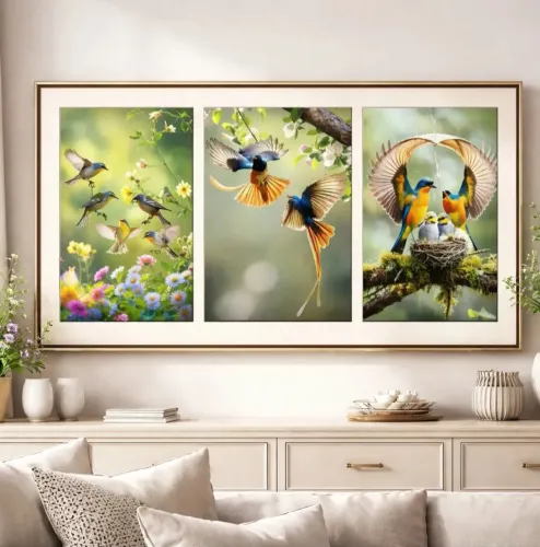 Kit de 3 quadros decorativos de madeira pinus belas aves com adesivo
