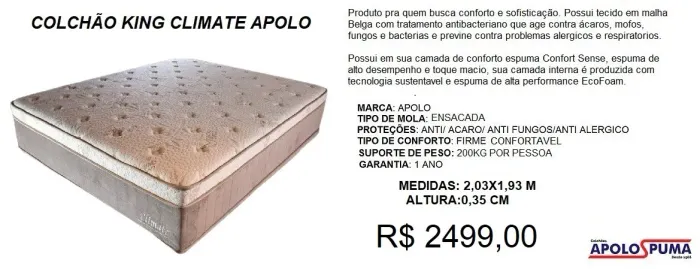 Colchão king molas apolo climate - excelente qualidade