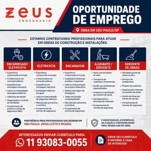 Vaga eletricista zona leste e Guarulhos São Paulo 