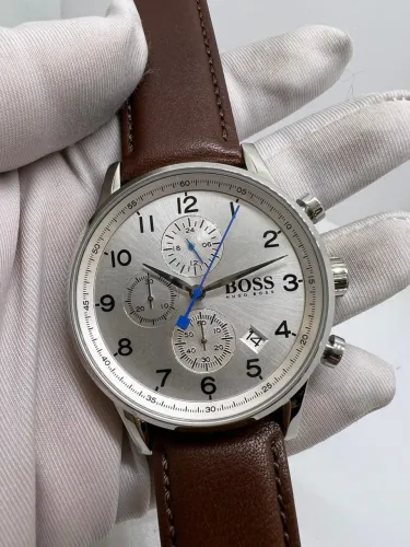 Relógio Hugo Boss Cronógrafo 44mm Prata Pulseira Couro Marrom Novo