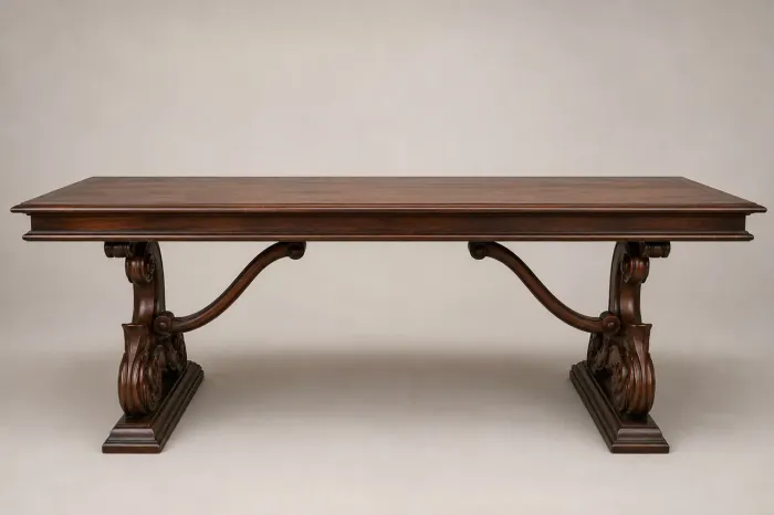 Mesa de jantar antiga em madeira maciça com entalhes artesanais