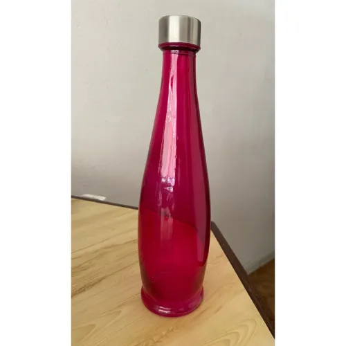 GARRAFA DE VIDRO VERMELHA COM TAMPA INOX