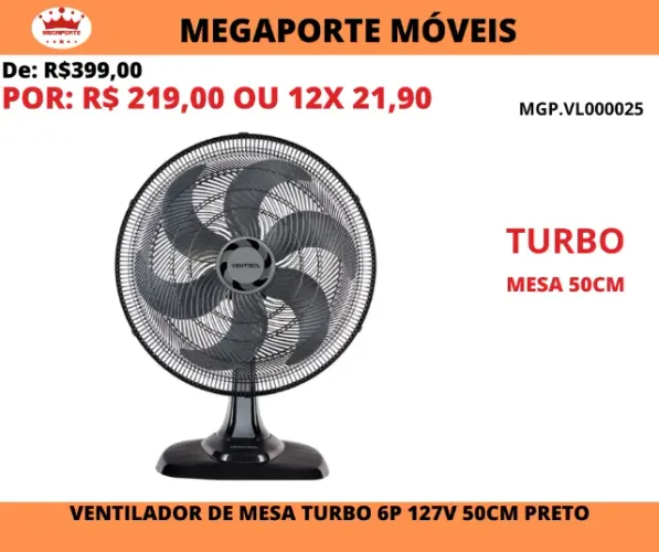 Ventilador de Mesa Turbo 6P 50cm Ventisol 127V