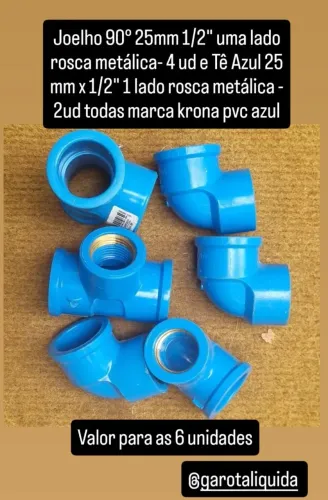 Joelho 90° 25mm 1/2" 4 ud e Tê Azul 1 lado rosca metálica - 2ud krona pvc azul