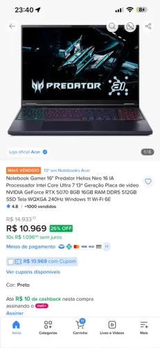 Notebook acer predator Hélios 16 aí gamer 