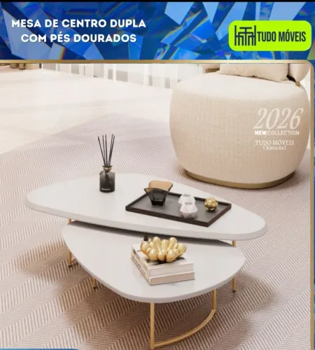MESA DE CENTRO DUPLA COM PÉS DOURADO 