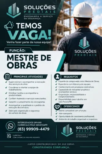 Vaga para mestre de obra 