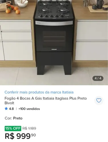 Fogão 4 Bocas Itatiaia Itaglass Plus Vidro Com Trempe De Ferro E Forno 48l Preto Fosco