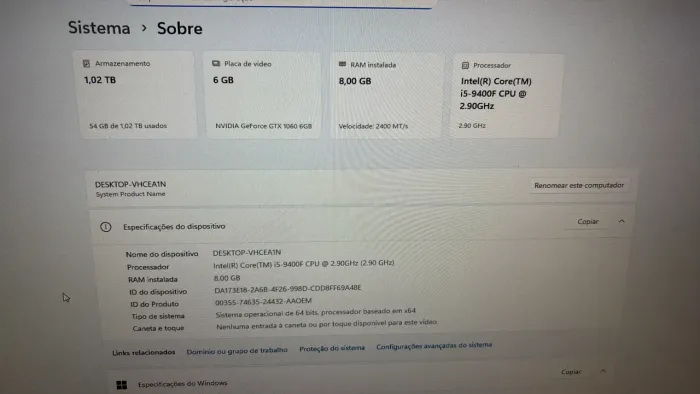 Computador Intel Core I5 9400F, GTX 1060 6GB, 8gb ram