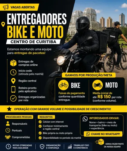 Vagas - Entregadores Bike e Moto |Centro De Curitiba 