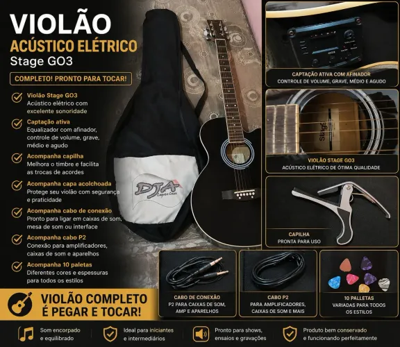 Violão Eletroacústico Stagg SA20ACE BK + Capa + Capilha + Cabos + Palhetas.