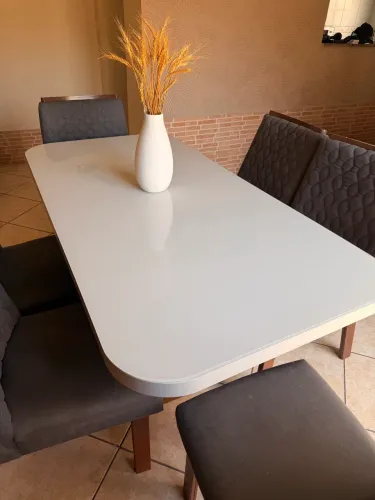 Mesa de jantar Vidro Off White Cadeiras Grafite