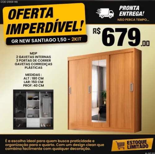 Guarda roupa c/espelho 1,5M (Pague na entrega)