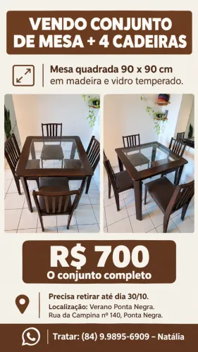 Conjunto de mesa 90x90cm com 4 cadeiras em imbuia e vidro temperado