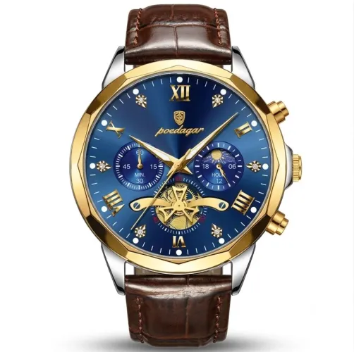 Relógio Premium Poedagar 938 Golden Blue Luxo Com Cronografos Pulseira Couro legítimo