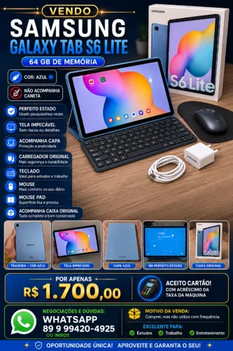 Samsung Galaxy Tab S6 Lite 64GB na cor azul, em perfeito estado e com pouquíssimo uso.