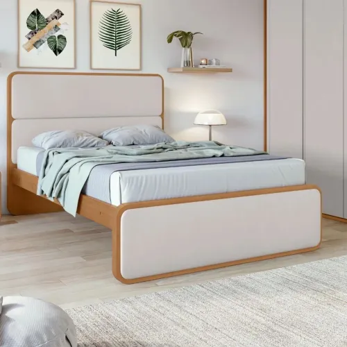 Cama de Casal Lopas Loop MDF/MDP Amêndoa Clean e Corano Bege