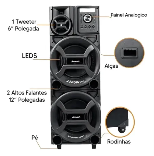 Caixa de som amplificada Amvox Pesadão Black 2200W Woofer 12? bivolt