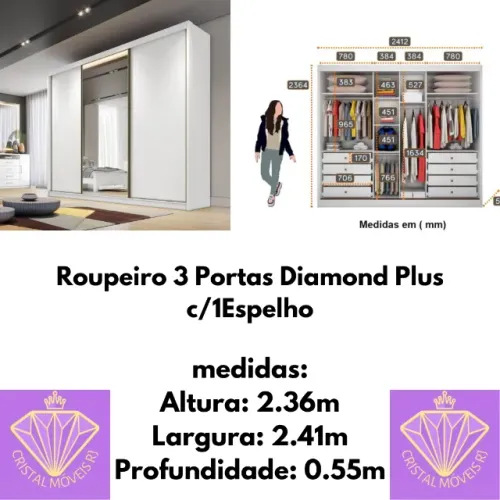 Roupeiro 3 Pts 8 Gav. Diamond Plus c/1Espelho (RF)